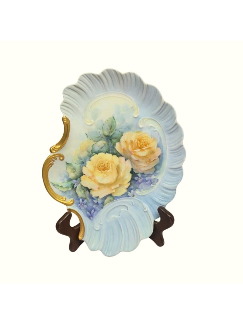 Antique Victorian Style Clam Shell Porcelain Dish Yellow Roses Gold Trim Signed